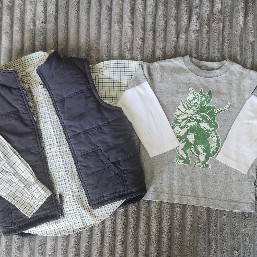 Boys winter Outfit Down Vest , Plaid Button Down and Cotton longsleve 4 y